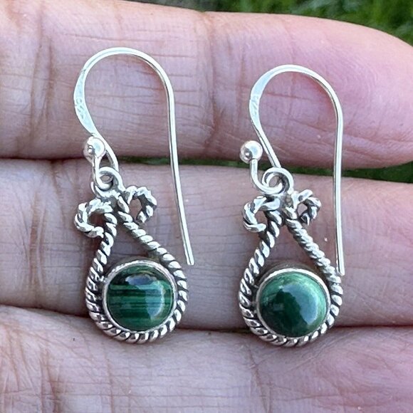 Malachite Cabochon Stone Dangle Earrings Marked 925 Sterling Silver Hook Drop - Picture 2 of 5